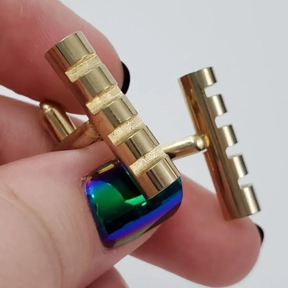 Shields Cuff Links Gold Tone Rectangle Stripe‎ Tube